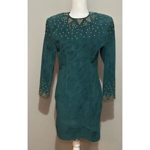 Vintage Pia Rucci Green Leather Suede Fitted Dress‎ Gold Bead Accent Size 12